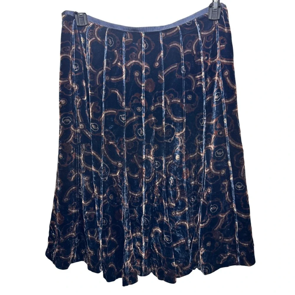 Anne Klein Silk Blend Y2K‎ 90s Grunge Velvet Pleated Flared Midi Skirt 10 Navy